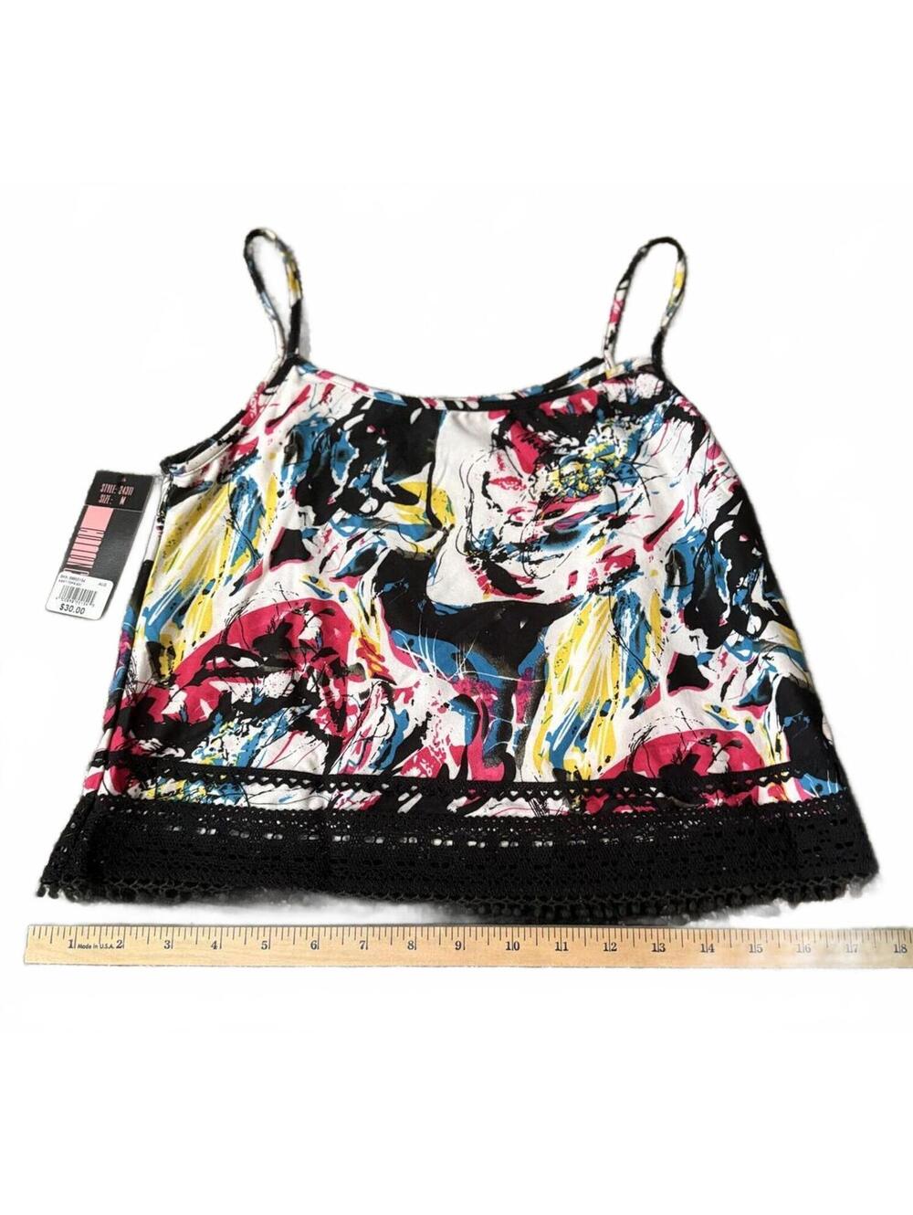 Cotton candy Women's Medium Multicolor Abstract Print Tank Top with Black Lace